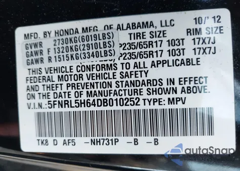 2013 Honda Odyssey Exl z USA, uszkodzony, nr VIN 5FNRL5H64DB010252